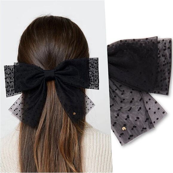 Lele Sadoughi Accessories - RARE Lele Sadoughi Black Sheer Bow Barrette Gold Charm Logo